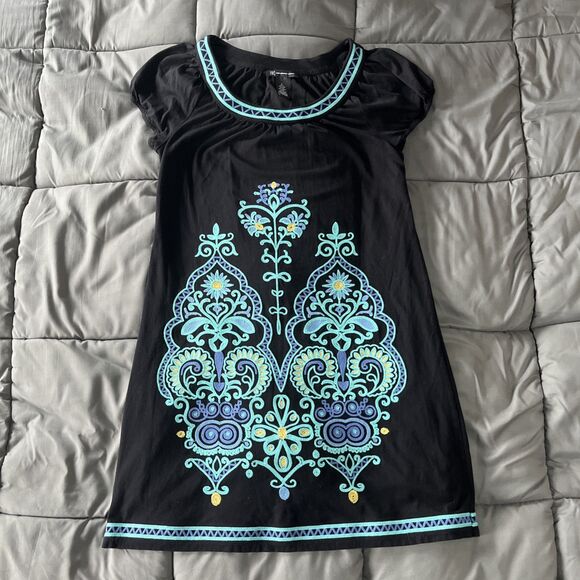 INC International Concepts Size Large Black Embroidered Cap Sleeve Dress. Length - Picture 1 of 5